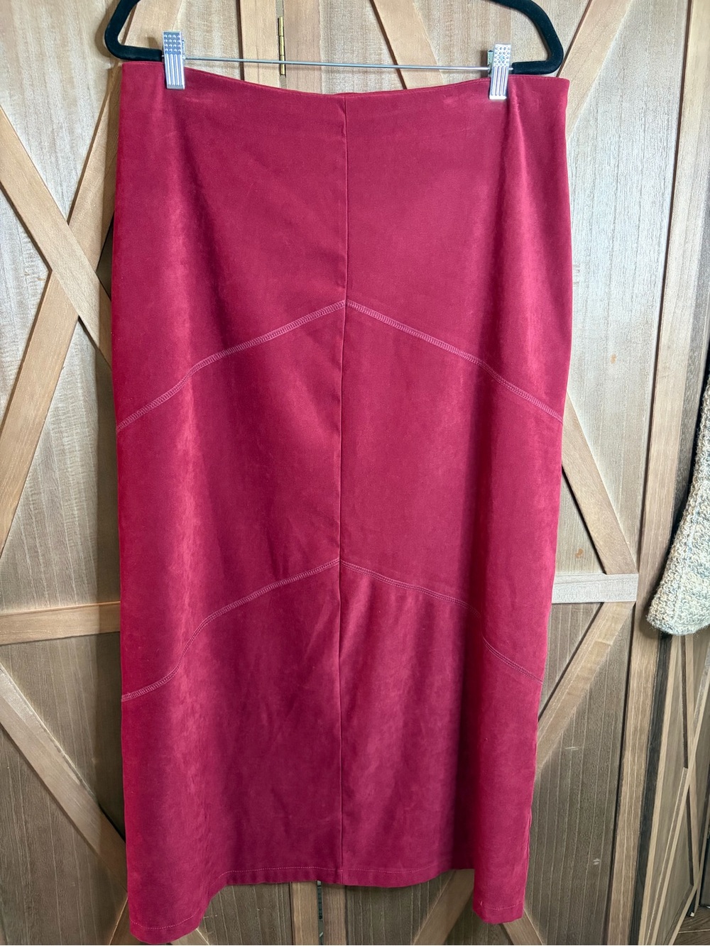 🇨🇦LE CHATEAU Vintage Burgundy Faux Suede Midi Skirt Panelled Paneled SIZE 13